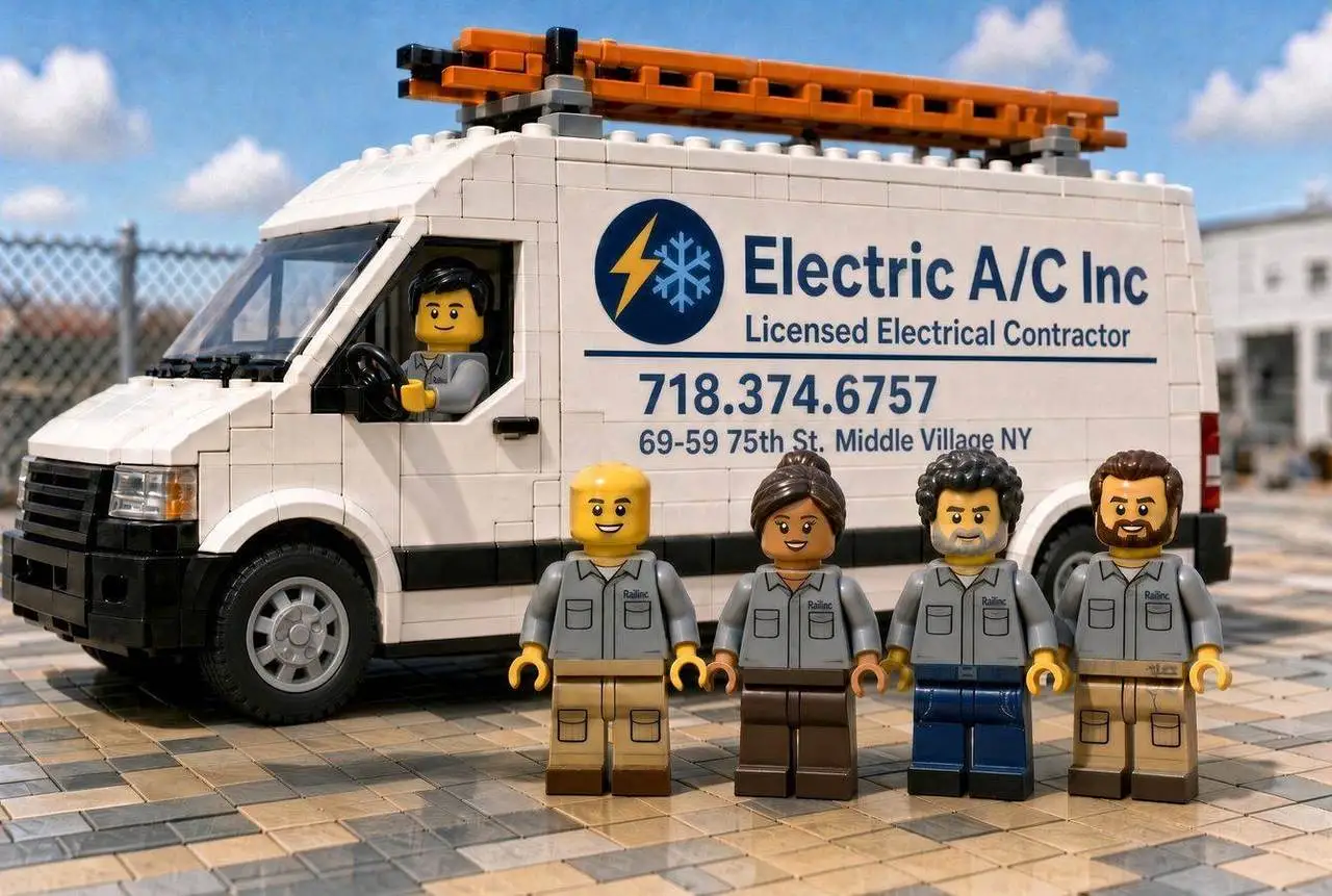 Toy-brick style illustration of the Electric A/C Inc van and crew