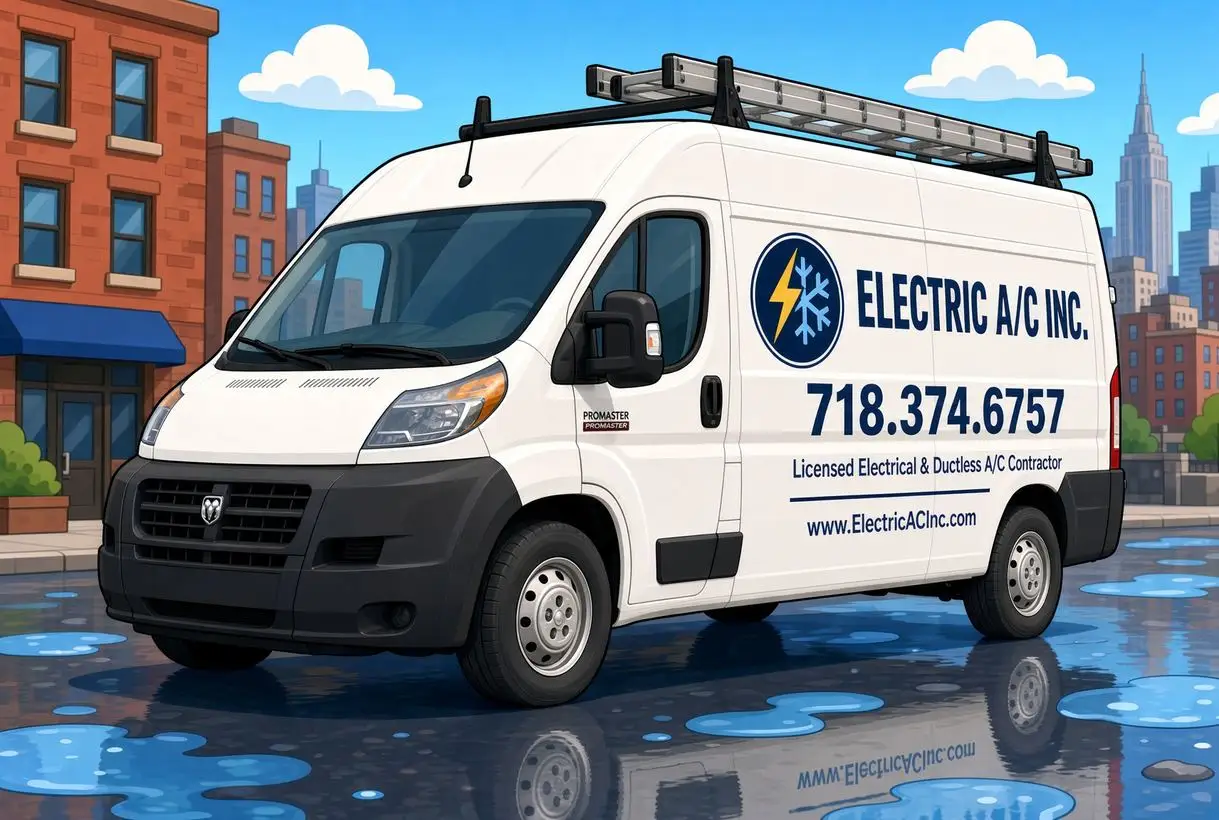 Electric A/C Inc branded work van illustration with phone number 718-374-6757