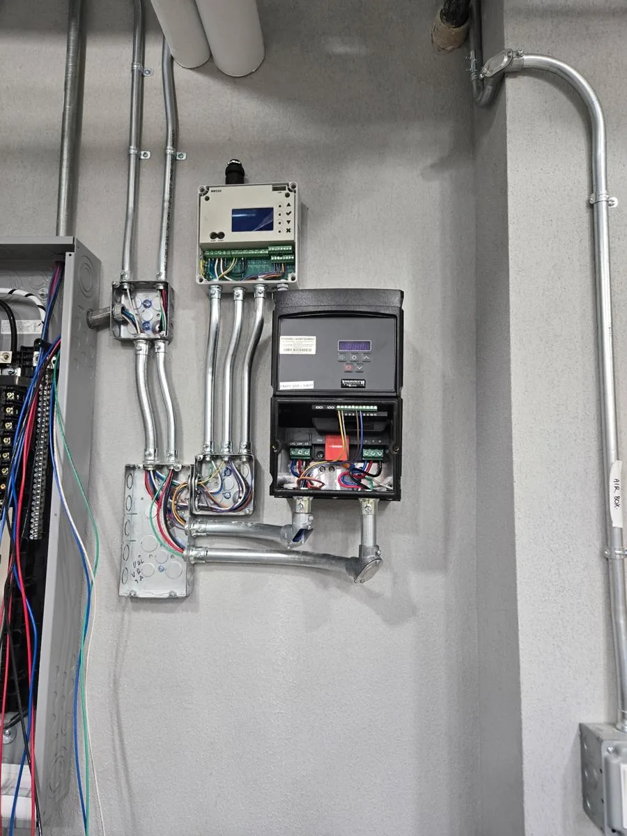 EnerVex exhaust fan controller and drive wiring, Bronx laundry room